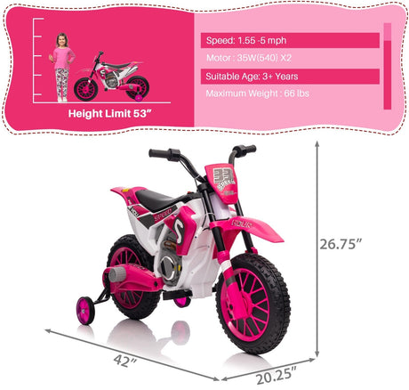 Electric 12V Kids Ride-On Dirt Bike Motorcycle with Training Wheels and 2 Speeds