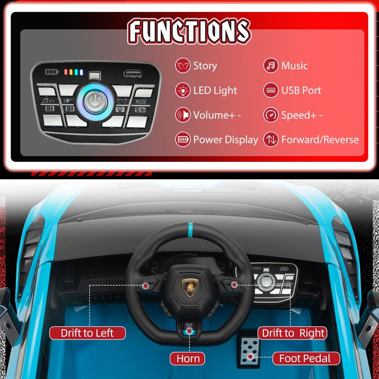 TOBBI Licensed Lamborghini STO 12V Electric Ride On Car with Remote Control for Kids