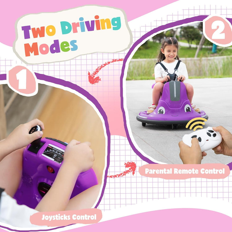 12V Purple Snail Bumper Ride-On Car with Remote Control and DIY Stickers