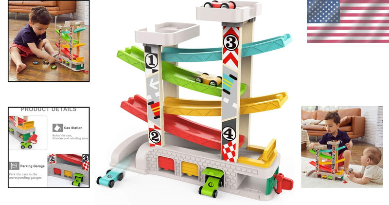 Toddler Race Track Set with Four Cars Promotes Cooperative Play and Learning