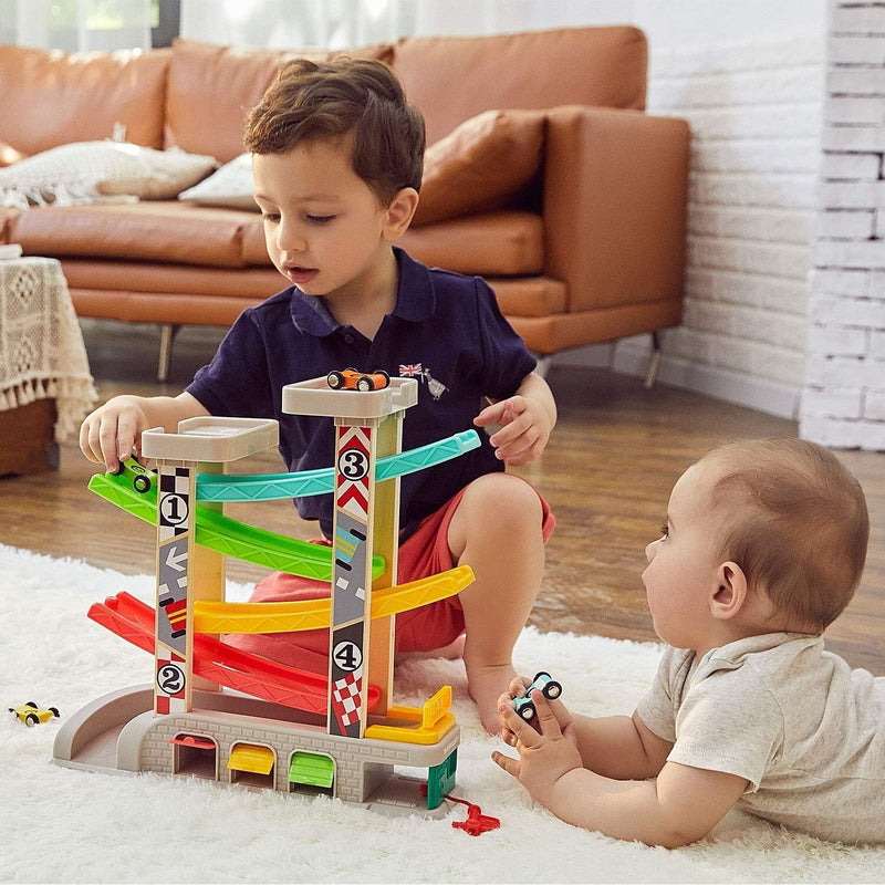 Toddler Race Track Set with Four Cars Promotes Cooperative Play and Learning