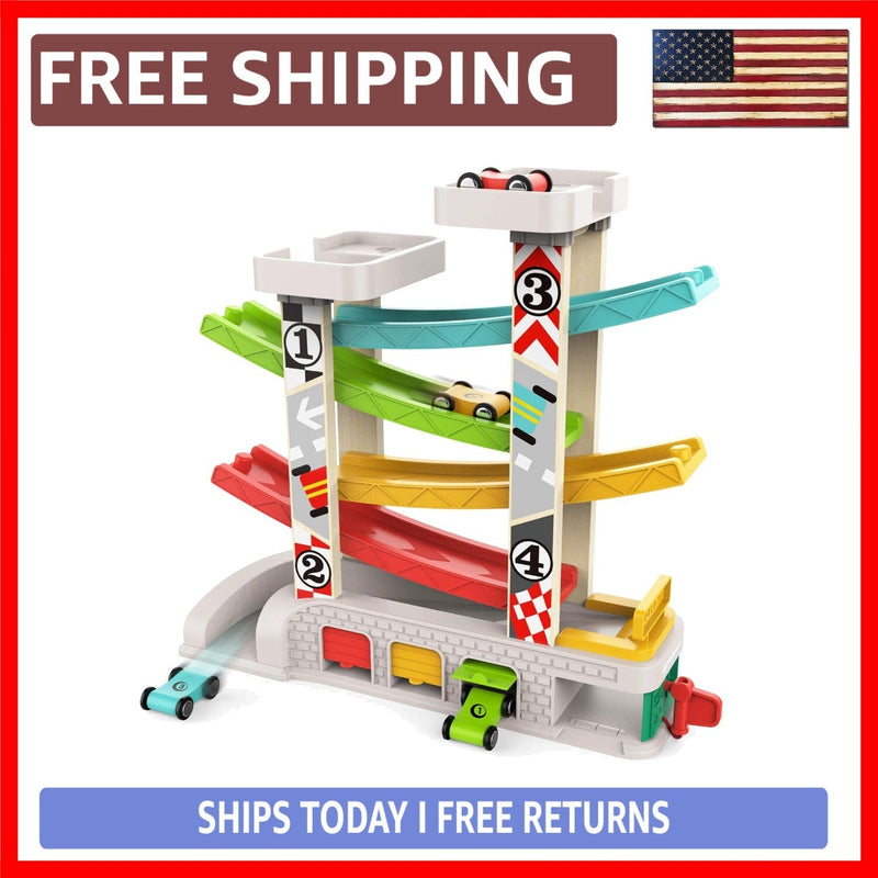 Toddler Race Track Set with Four Cars Promotes Cooperative Play and Learning