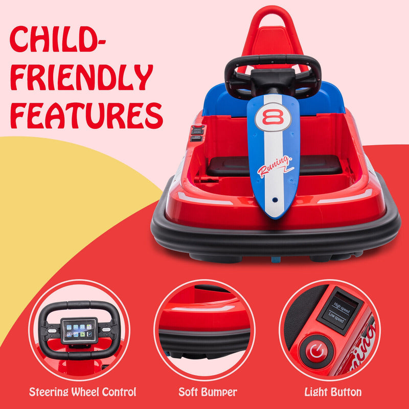 Toddler and Kids Ride-On Bumper Car with 360° Spin, 2 Speeds, Safety Belts, and Lights