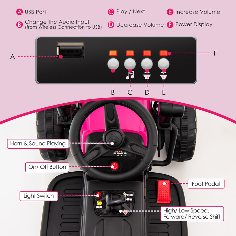 12V Electric Tractor with Remote Control, Music, and LED Lights for Kids