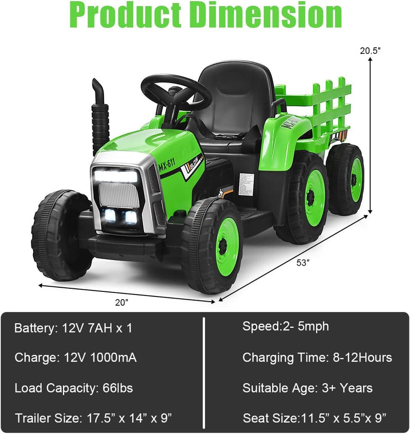 12V Kids' Electric Tractor with Detachable Trailer, USB Charging, 7 LED Lights, Remote Control