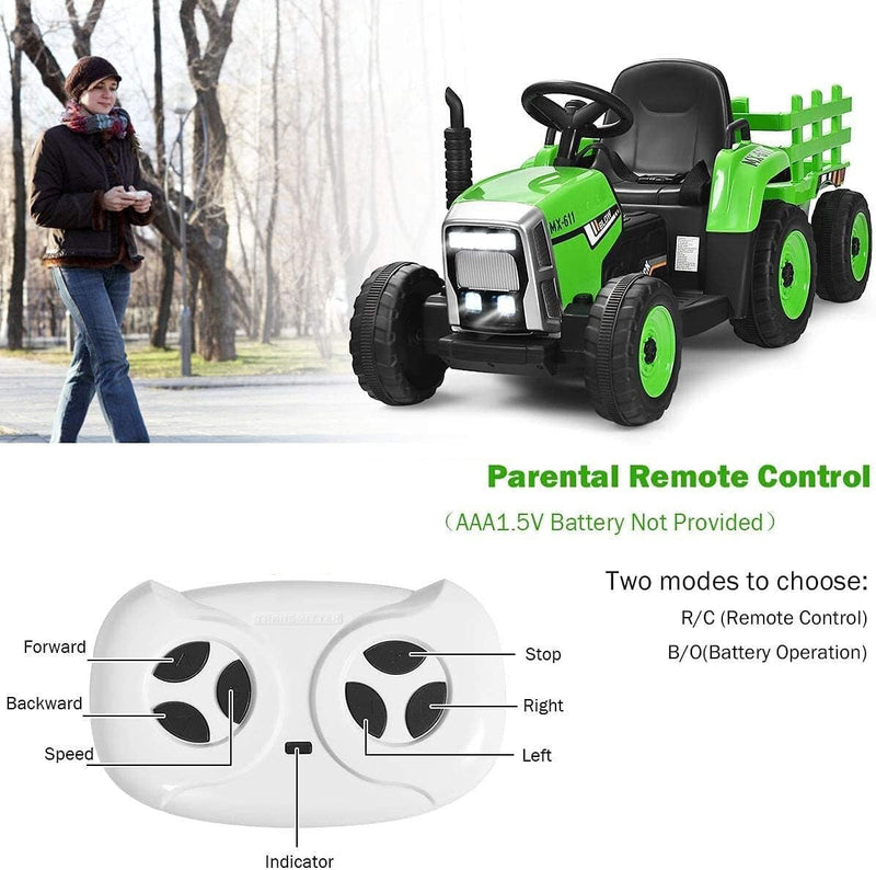 12V Kids' Electric Tractor with Detachable Trailer, USB Charging, 7 LED Lights, Remote Control