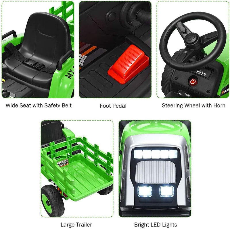 12V Kids' Electric Tractor with Detachable Trailer, USB Charging, 7 LED Lights, Remote Control