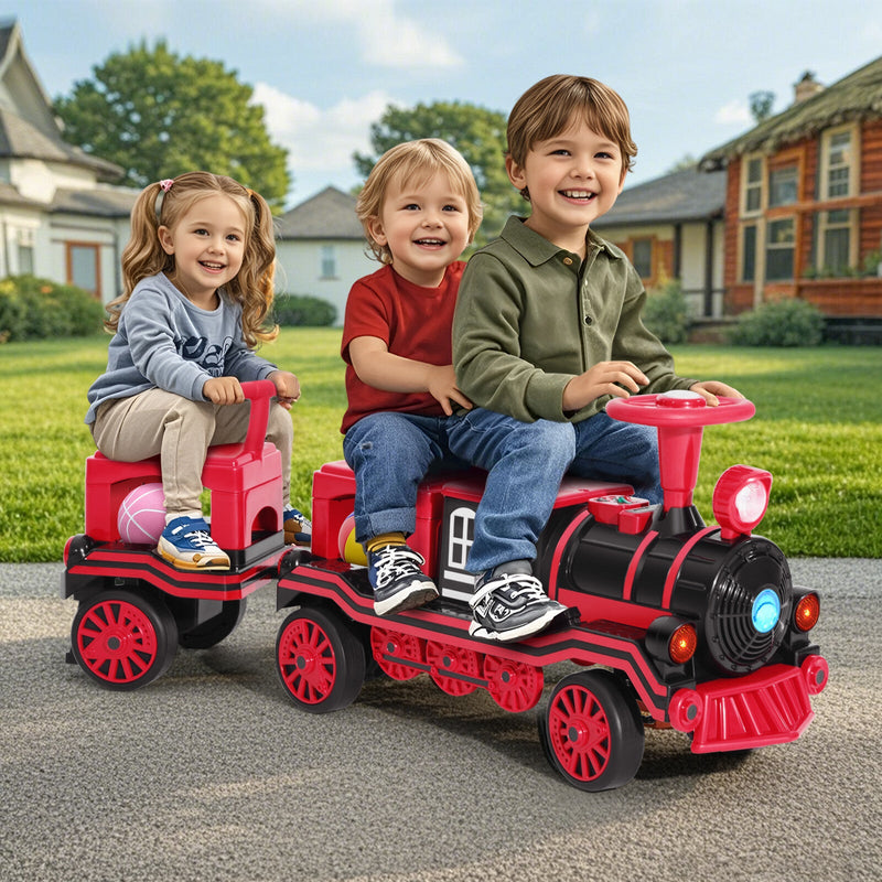 12V Two-Seater Electric Ride-On Train for Kids with Music and Lights, Red/Blue