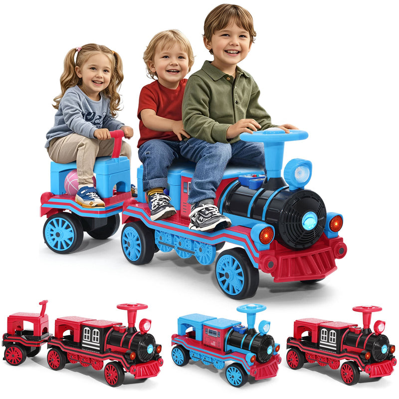 12V Two-Seater Electric Ride-On Train for Kids with Music and Lights, Red/Blue