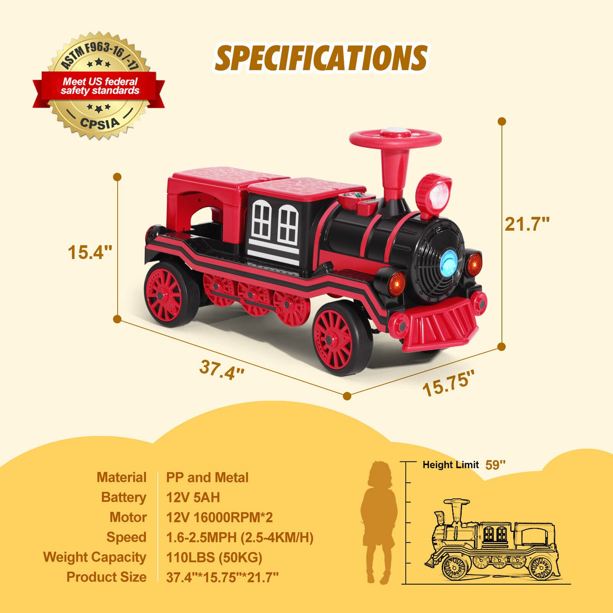 12V Two-Seater Electric Ride-On Train for Kids with Music and Lights, Red/Blue