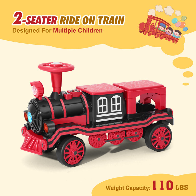 12V Two-Seater Electric Ride-On Train for Kids with Music and Lights, Red/Blue