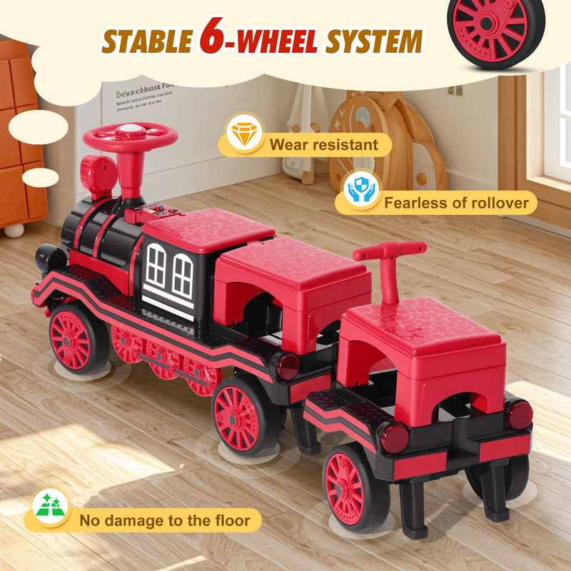 12V Two-Seater Electric Ride-On Train for Kids with Music and Lights, Red/Blue