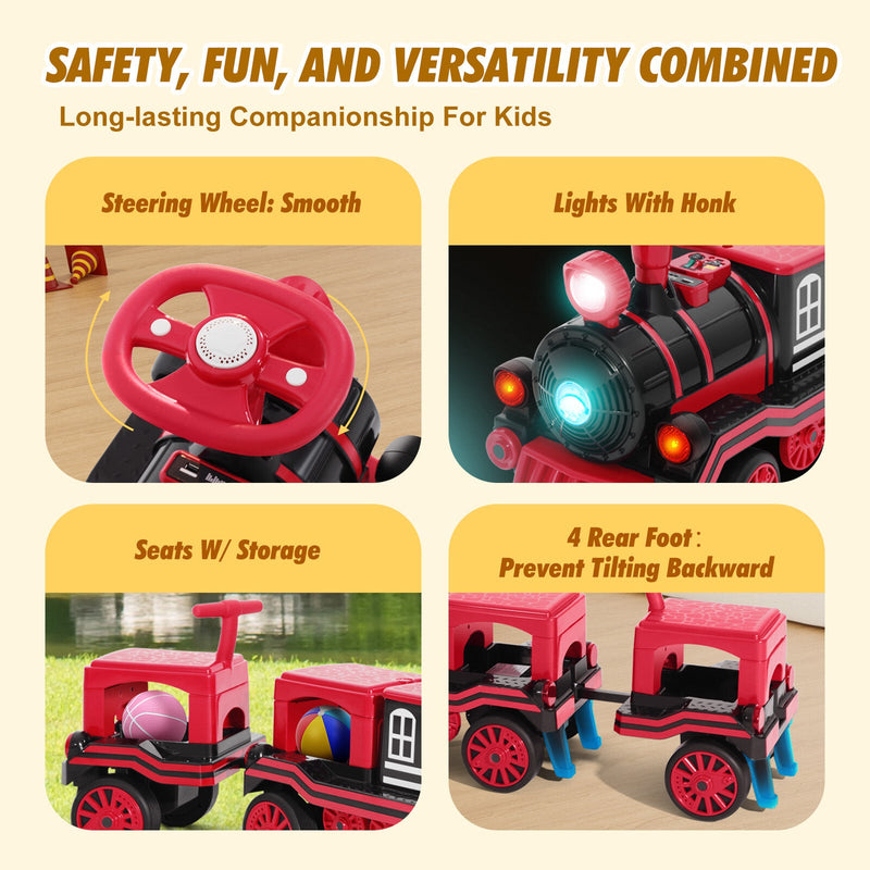 12V Two-Seater Electric Ride-On Train for Kids with Music and Lights, Red/Blue