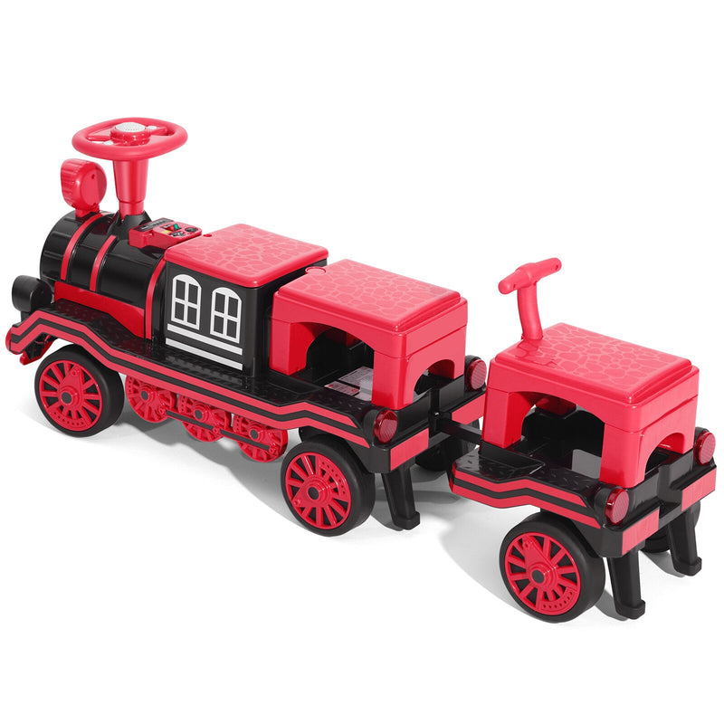 12V Two-Seater Electric Ride-On Train for Kids with Music and Lights, Red/Blue