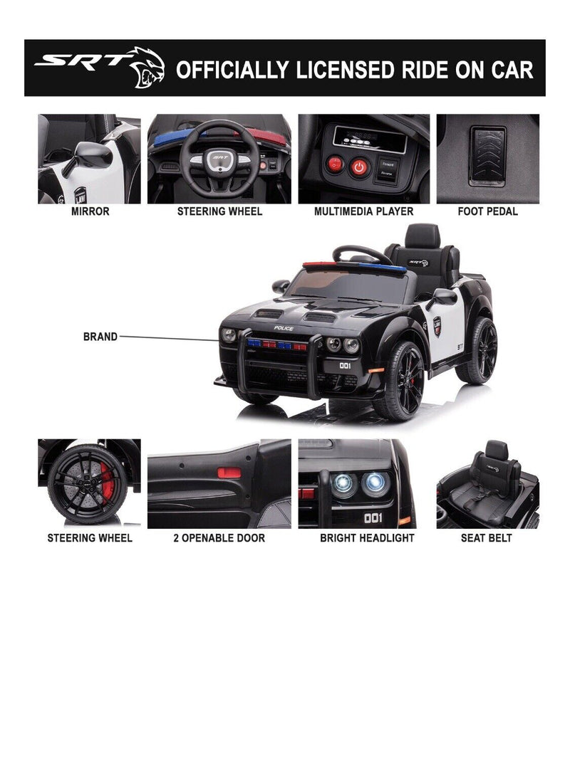 Ultimate Dodge Challenger SRT Hellcat Police Car 12V Kids Ride-On Toy with Remote Control