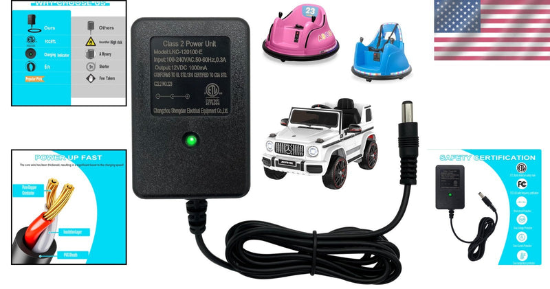 Universal 12V Charger with Safety Features for Ride-On Toys and Bumper Cars