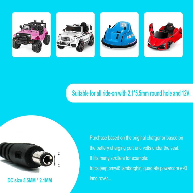 Universal 12V Charger with Safety Features for Ride-On Toys and Bumper Cars