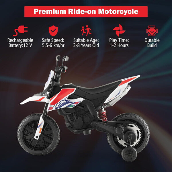 12V Electric Kids Dirt Bike with Training Wheels and Music for Off-Road Riding