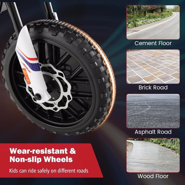 12V Electric Kids Dirt Bike with Training Wheels and Music for Off-Road Riding