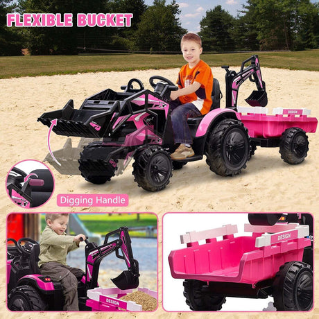 24V 3-in-1 Battery-Powered Electric Kids Ride-On Tractor with Trailer