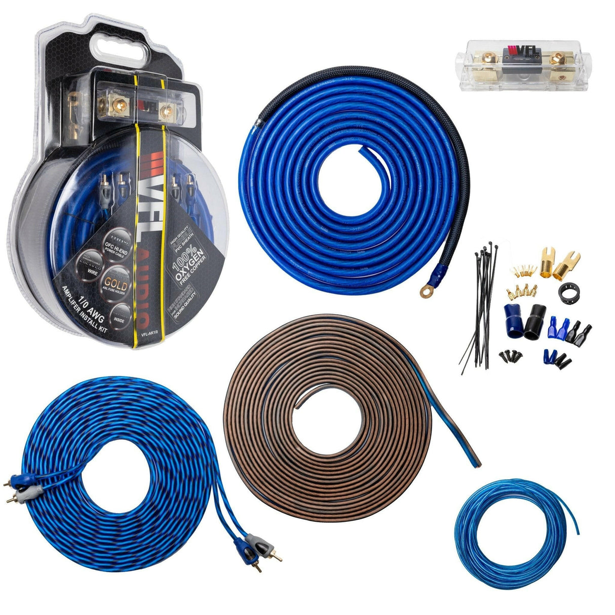 VFL 0 Gauge Complete OFC (Oxygen Free Copper) Amplifier Wiring Kit - High Power Car Audio Amp Install Kit with Power, Ground & RCA Cables