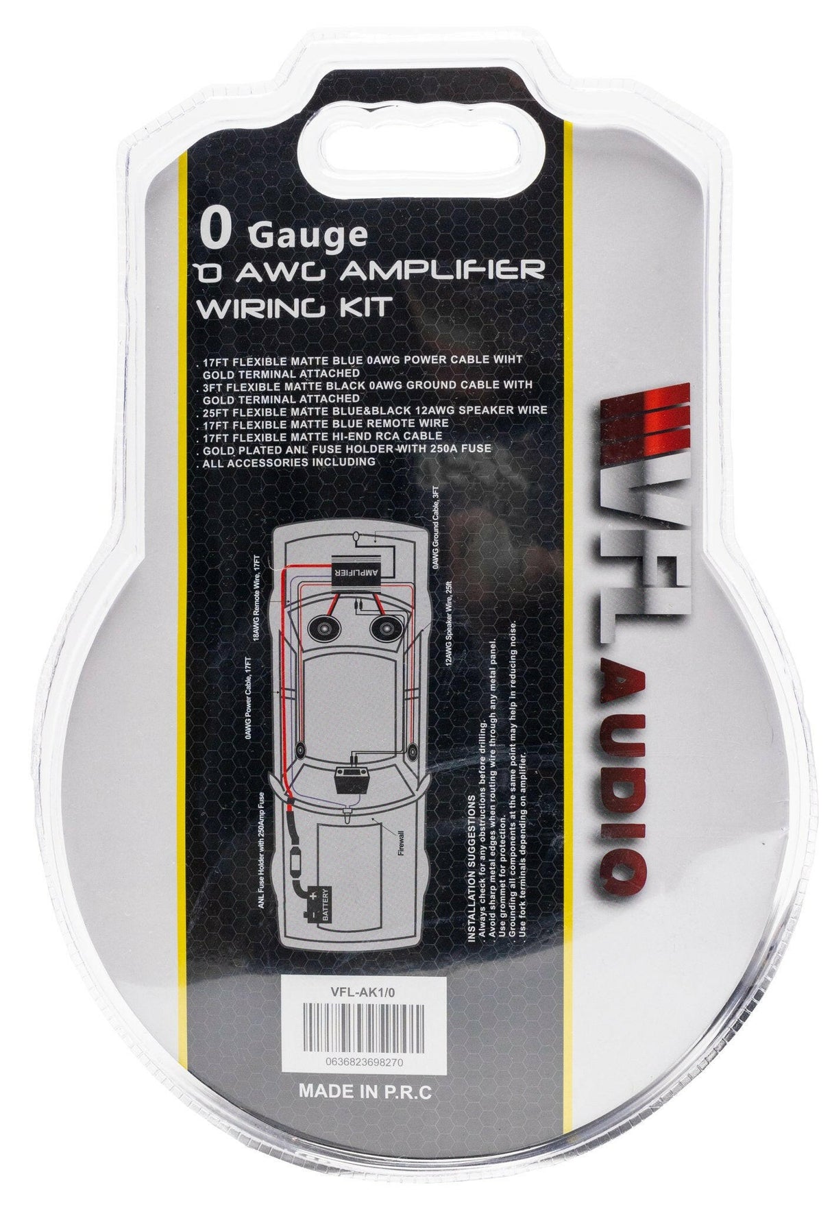 VFL 0 Gauge Complete OFC (Oxygen Free Copper) Amplifier Wiring Kit - High Power Car Audio Amp Install Kit with Power, Ground & RCA Cables