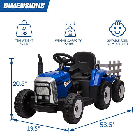 VILOBOS 12V Ride On Tractor with Trailer - Battery Powered Toy Car for Kids