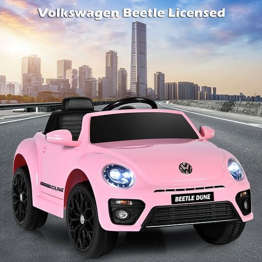 Electric Pink Kids Ride-On Car with Remote Control, Volkswagen Beetle Style