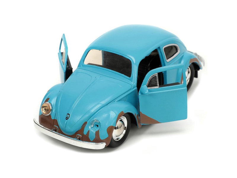 Matt Blue Weathered Volkswagen Beetle Diecast Car with Stitch Figure Littleo and Stit