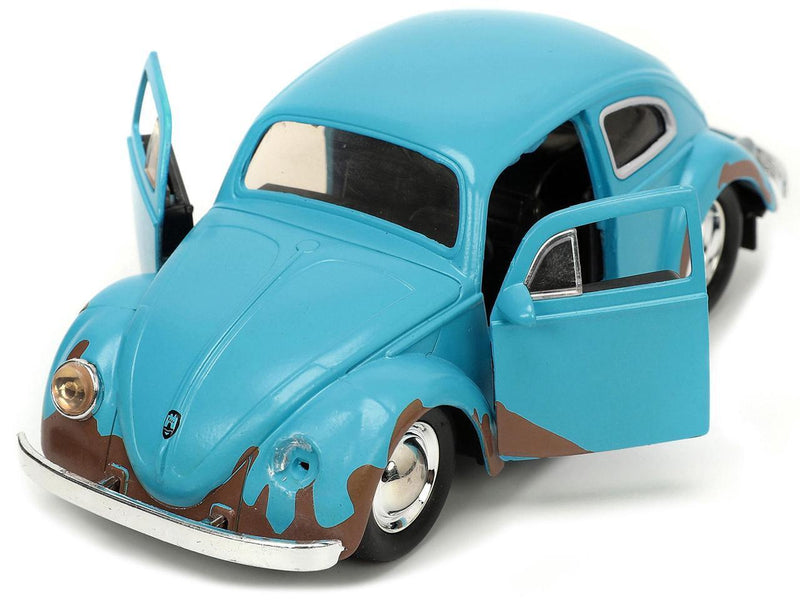 Matt Blue Weathered Volkswagen Beetle Diecast Car with Stitch Figure Littleo and Stit