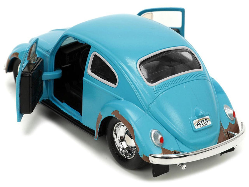 Matt Blue Weathered Volkswagen Beetle Diecast Car with Stitch Figure Littleo and Stit