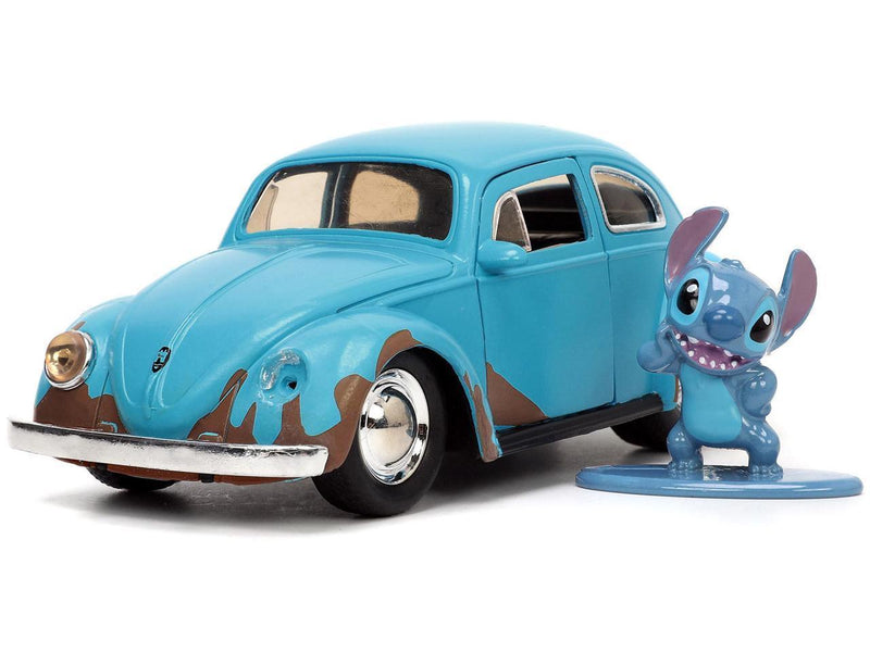 Matt Blue Weathered Volkswagen Beetle Diecast Car with Stitch Figure Littleo and Stit