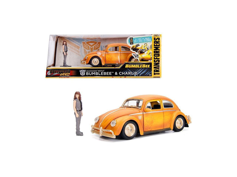 Weathered Yellow VW Beetle Diecast with Robot on Chassis and Charlie Figurine "Bumble"
