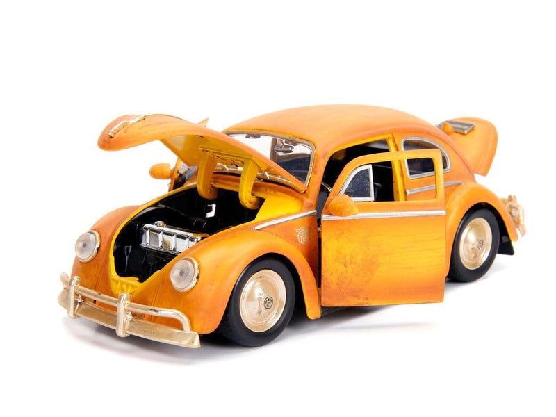 Weathered Yellow VW Beetle Diecast with Robot on Chassis and Charlie Figurine "Bumble"