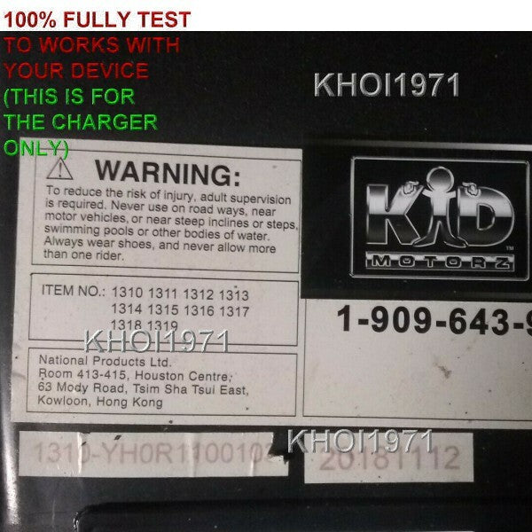 12V AC Charger Adapter for Kid Motorz Quad Monster Ride-On Toy