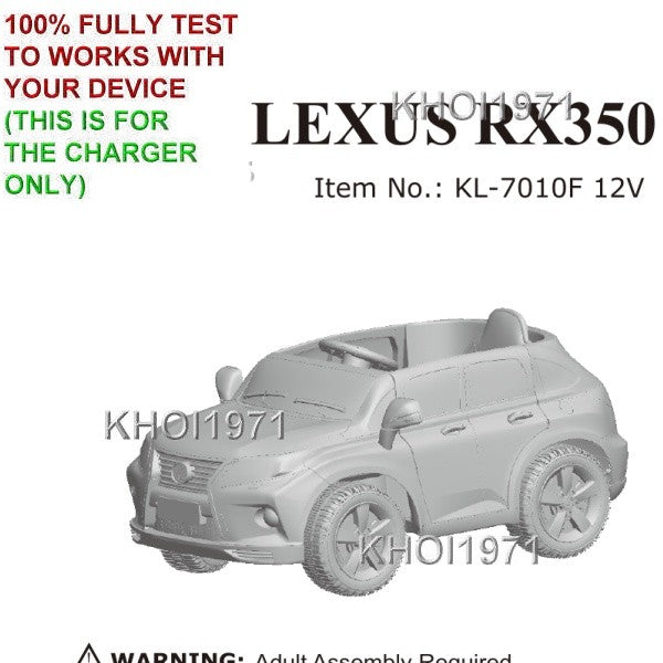12V Wall Charger AC Adapter for Lexus RX350 Ride-On Toy, Black and White, Model KL-7010F