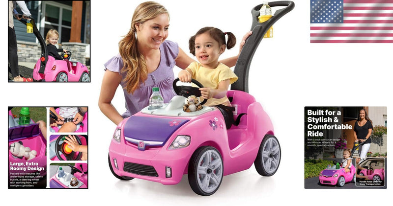 Whisper Ride II Pink Push Toy Car with Adjustable Seat Belt and Cup Holders