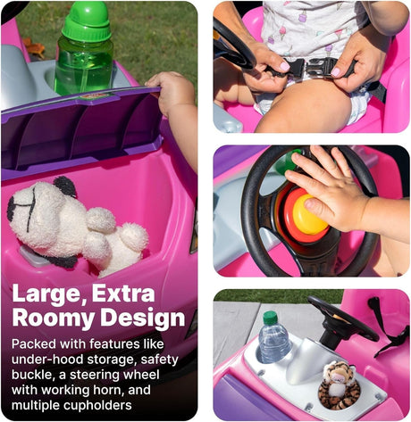 Whisper Ride II Pink Push Toy Car with Adjustable Seat Belt and Cup Holders