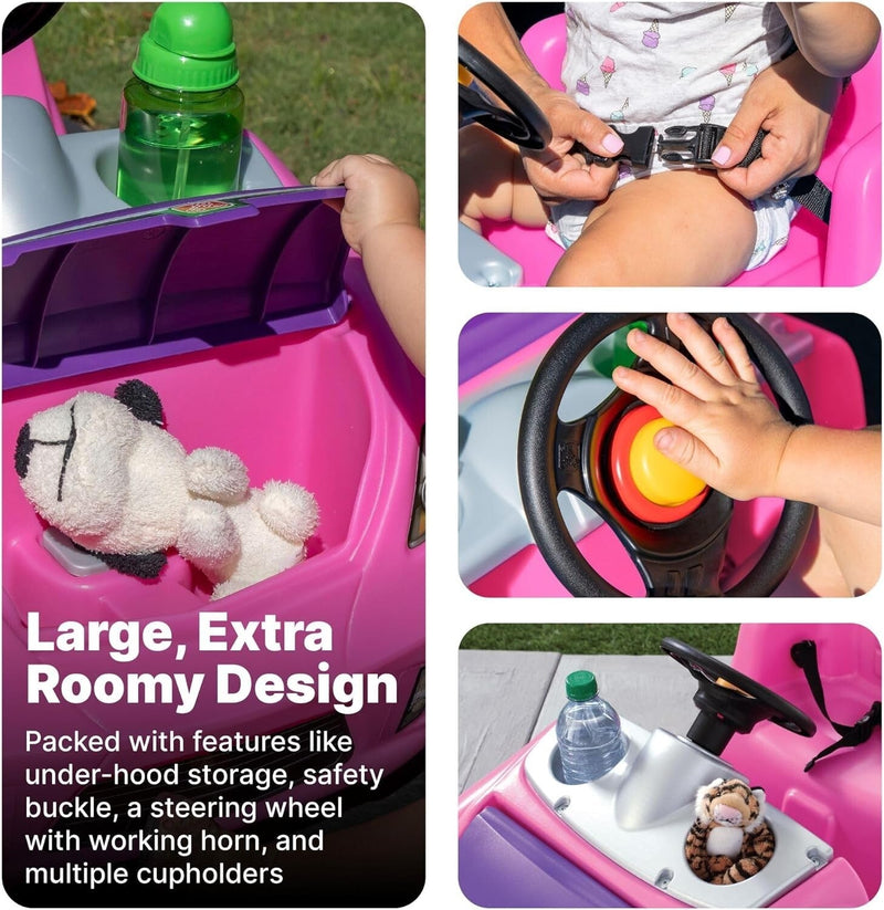 Whisper Ride II Pink Push Toy Car with Adjustable Seat Belt and Cup Holders