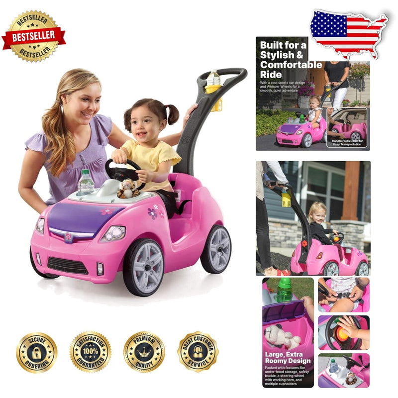 Whisper Ride II Pink Push Toy Car with Adjustable Seat Belt and Cup Holders