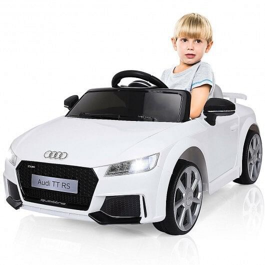 White 12V Electric Ride-On Car for Kids with Remote Control and Music Feature