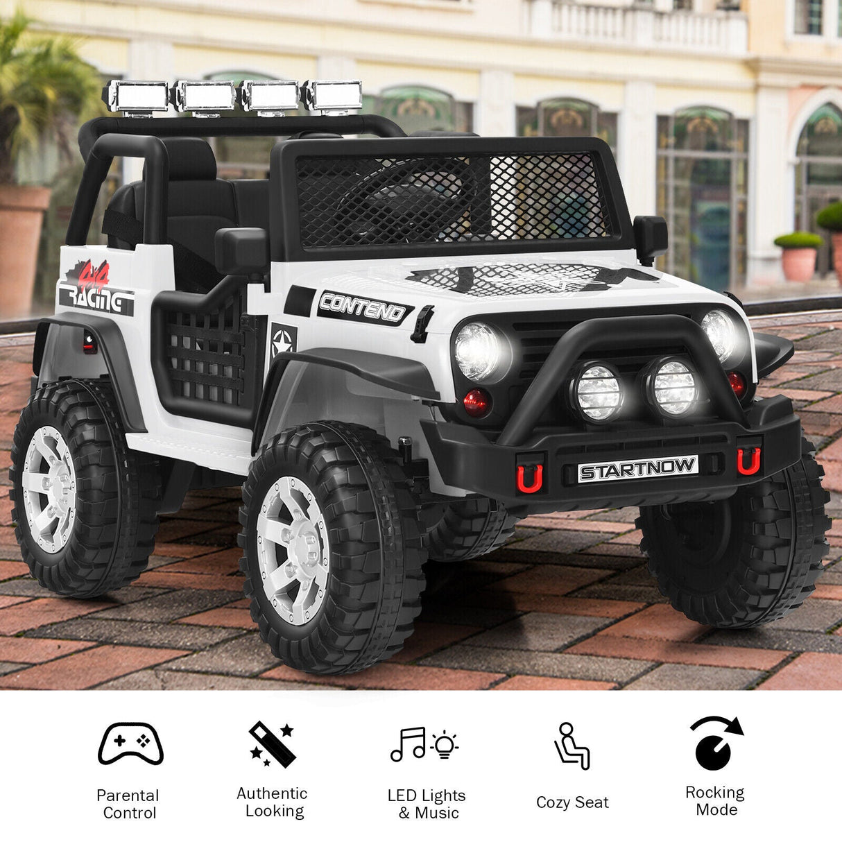 White 12V Electric Ride-On Truck for Kids with Remote Control and Lights