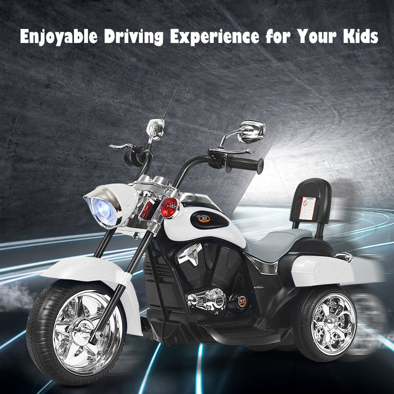 White 3-Wheel Chopper Motorcycle for Kids with Headlight and Horn