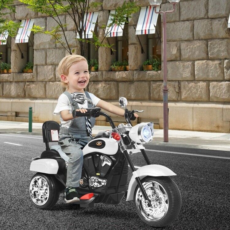 White 3-Wheel Chopper Motorcycle Toy for Kids with Headlight & Horn