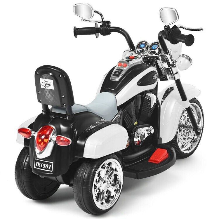 White 3-Wheel Chopper Motorcycle Toy for Kids with Headlight & Horn