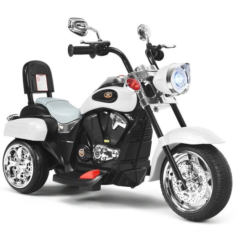 White 3-Wheel Chopper Motorcycle Toy for Kids with Headlight & Horn