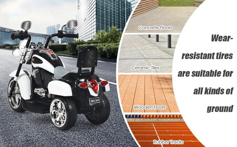 White 3-Wheel Chopper Motorcycle Toy for Kids with Headlight & Horn