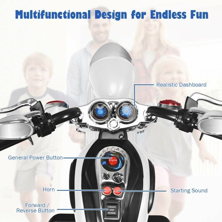 White 3-Wheel Chopper Motorcycle Toy for Kids with Headlight & Horn