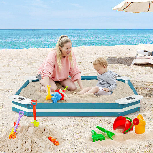 Wooden Sandbox with Animal Pattern Seats for Outdoor Play