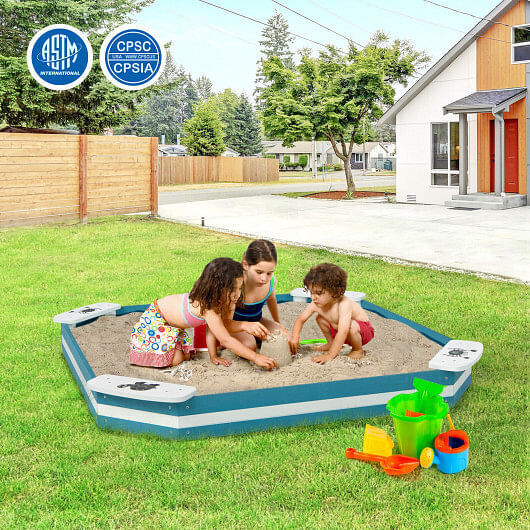 Wooden Sandbox with Animal Pattern Seats for Outdoor Play